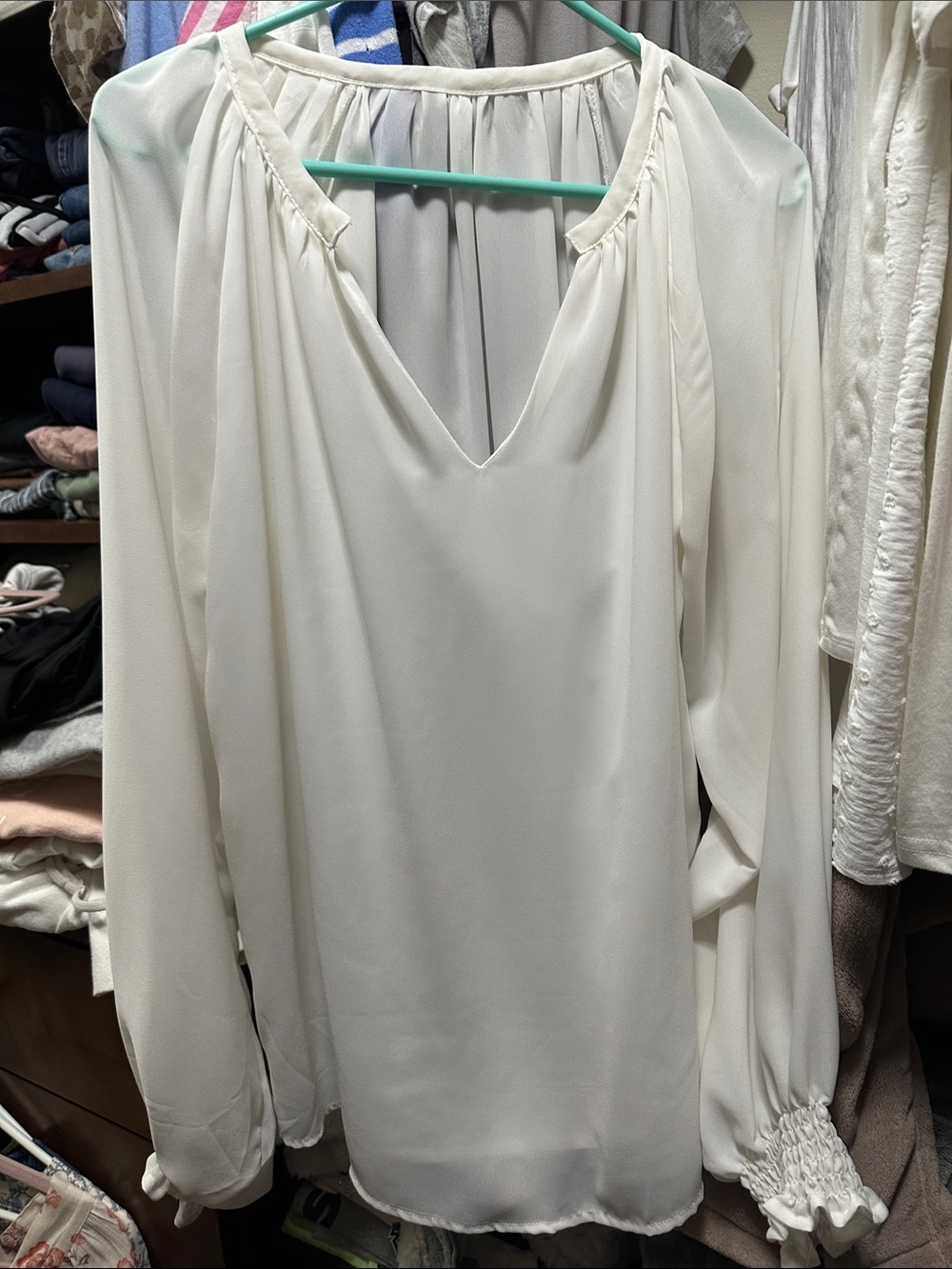 Women's Cream Long-Sleeve V-Neck Blouse